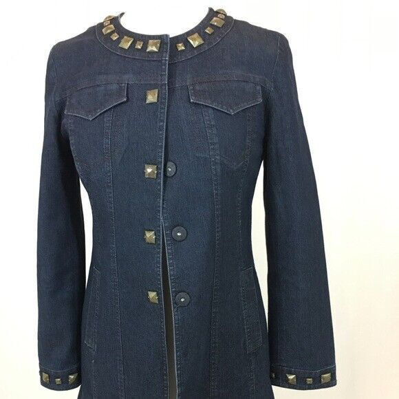 Focus 2000 Denim Jacket Long Dark Wash Square Stud Leopard Print Lined 6 Petite - Picture 1 of 8